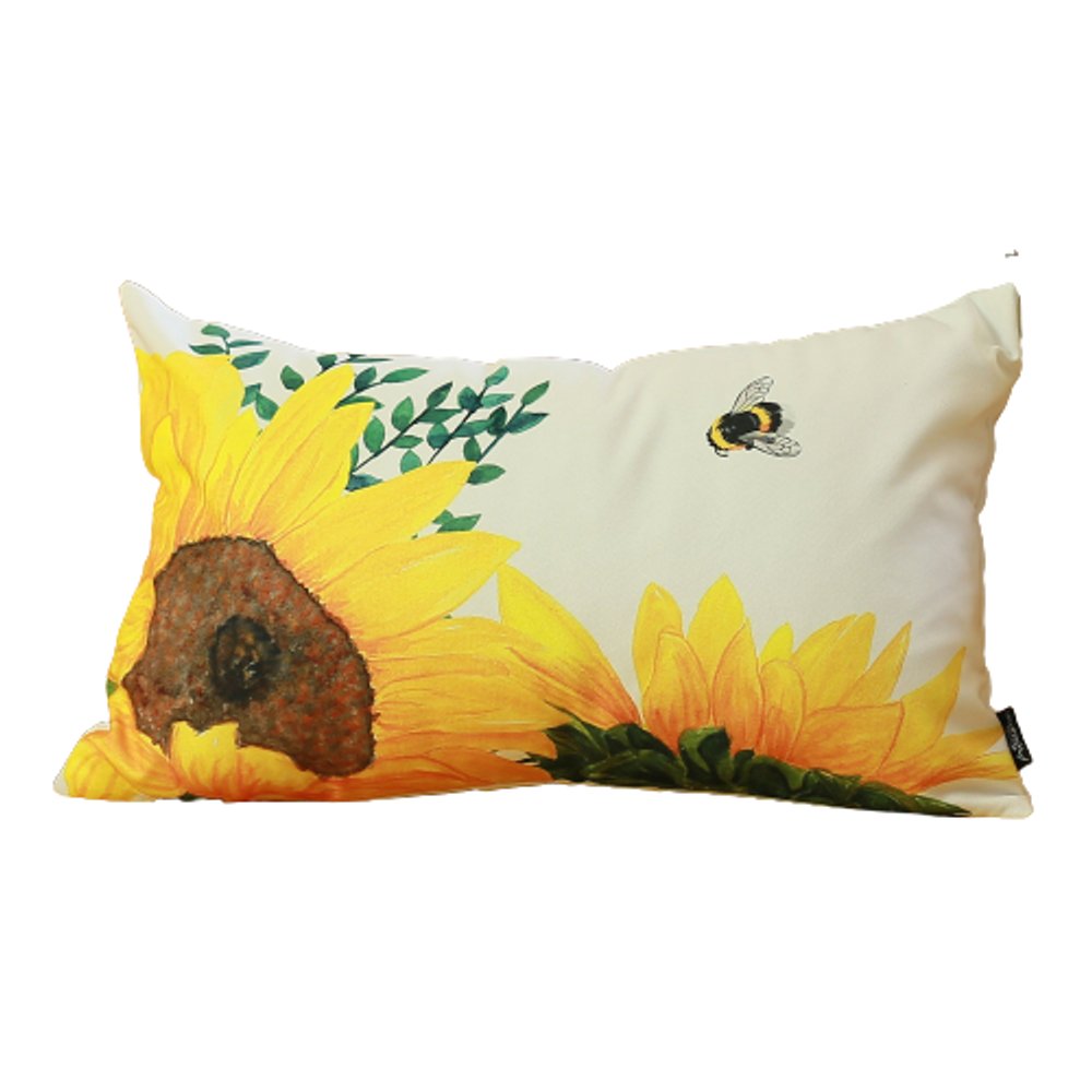 Set of Two 12" X 20" White And Yellow Bee Sunflowers Fabric Lumbar Throw Pillow Covers