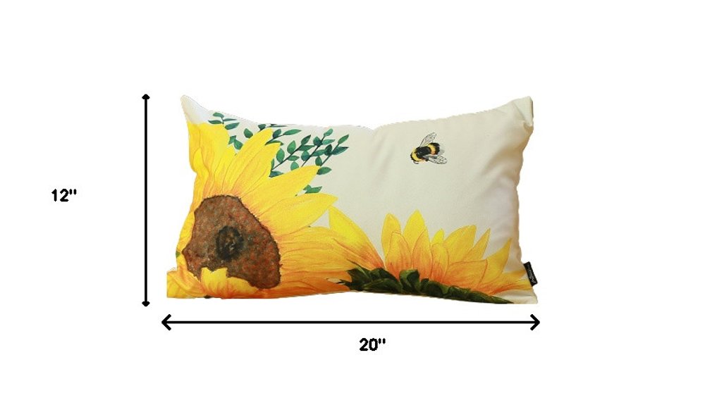 Set of Two 12" X 20" White And Yellow Bee Sunflowers Fabric Lumbar Throw Pillow Covers