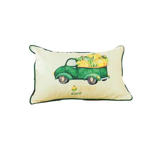 Set of Two 12" X 20" Green And White Pumpkin Truck Pumpkin Fabric Lumbar Throw Pillow Covers