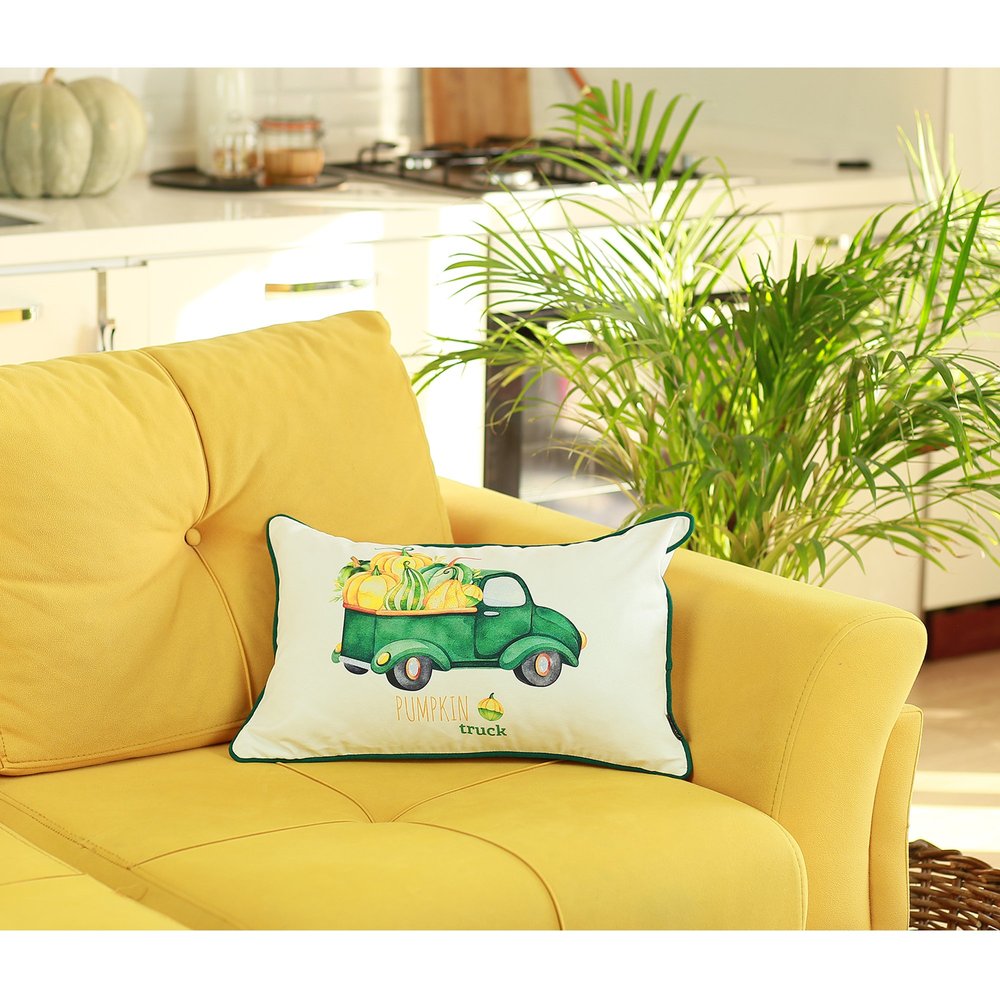 Set of Two 12" X 20" Green And White Pumpkin Truck Pumpkin Fabric Lumbar Throw Pillow Covers