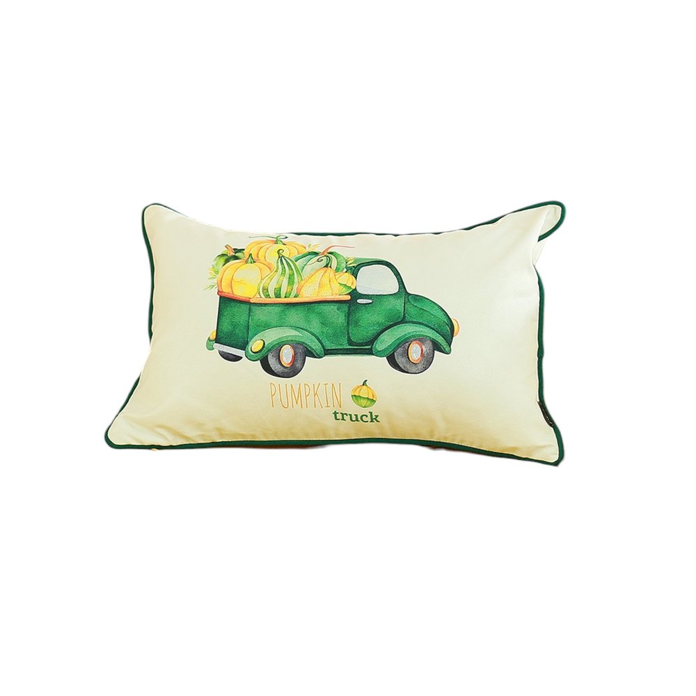 Set of Two 12" X 20" Green And White Pumpkin Truck Pumpkin Fabric Lumbar Throw Pillow Covers