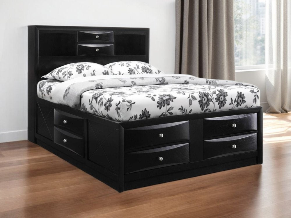 Black Wood Queen With Ten Drawers Bed Frame