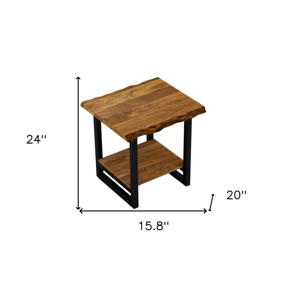 24" Brown And Black Solid Wood And Iron Square Frame End Table With Shelf