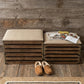 Set of Two Brown Wood Slat and Upholstery Storage Benches With Flip Top