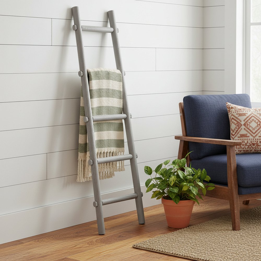 59" Gray Five Step Rustic Weathered Grey Wood Ladder Shelf