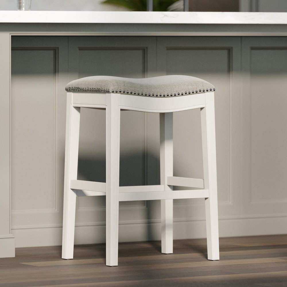 31" Light Gray And White Upholstered And Solid Wood Backless Bar Height Bar Chair