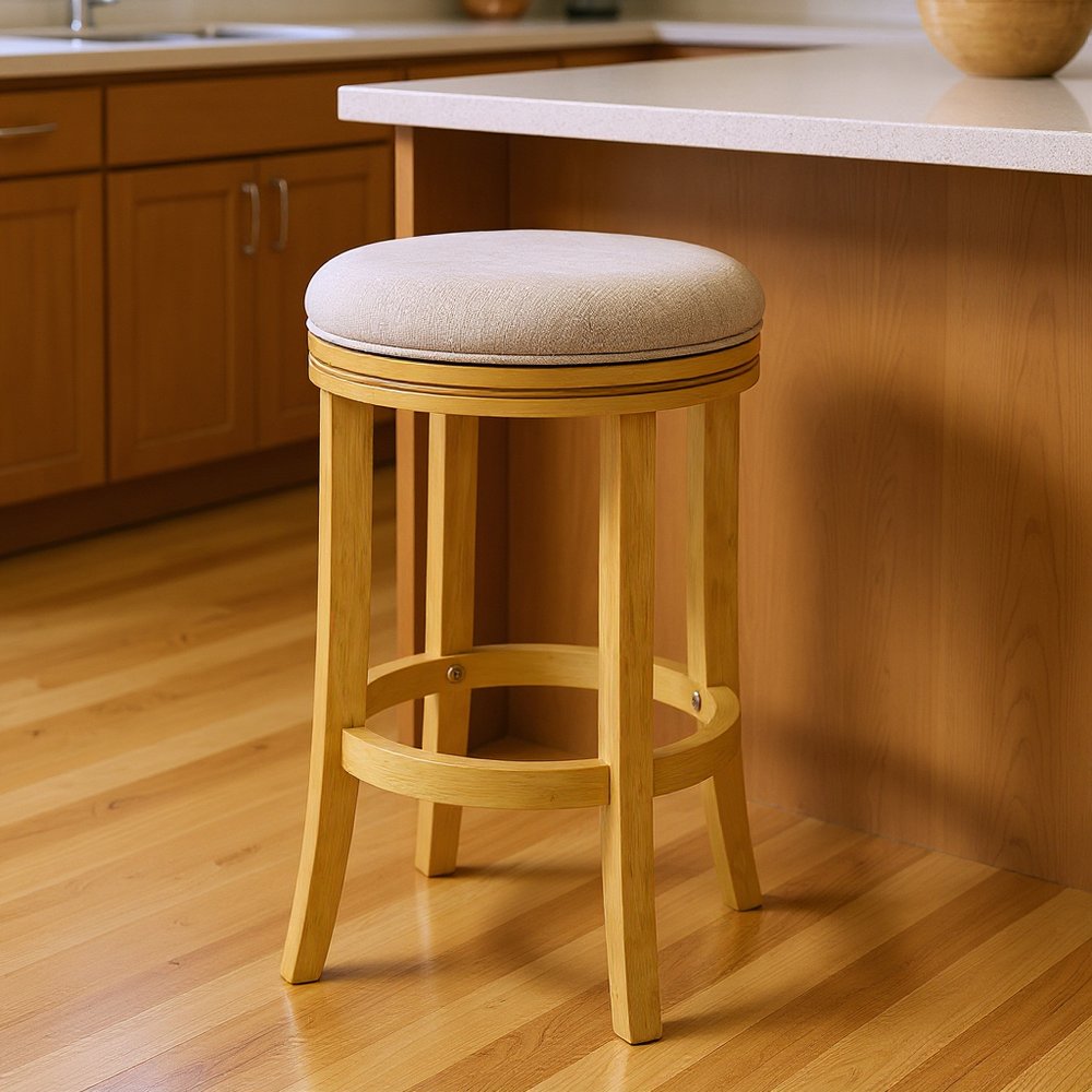 25" Cream and Brown Fabric and Solid Wood Backless Counter Height Swivel Bar Chair