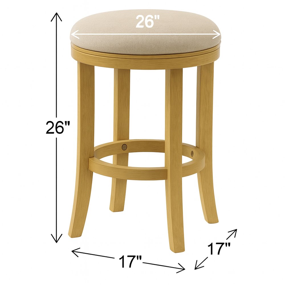25" Cream and Brown Fabric and Solid Wood Backless Counter Height Swivel Bar Chair