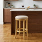 25" Cream and Brown Fabric and Solid Wood Backless Counter Height Swivel Bar Chair
