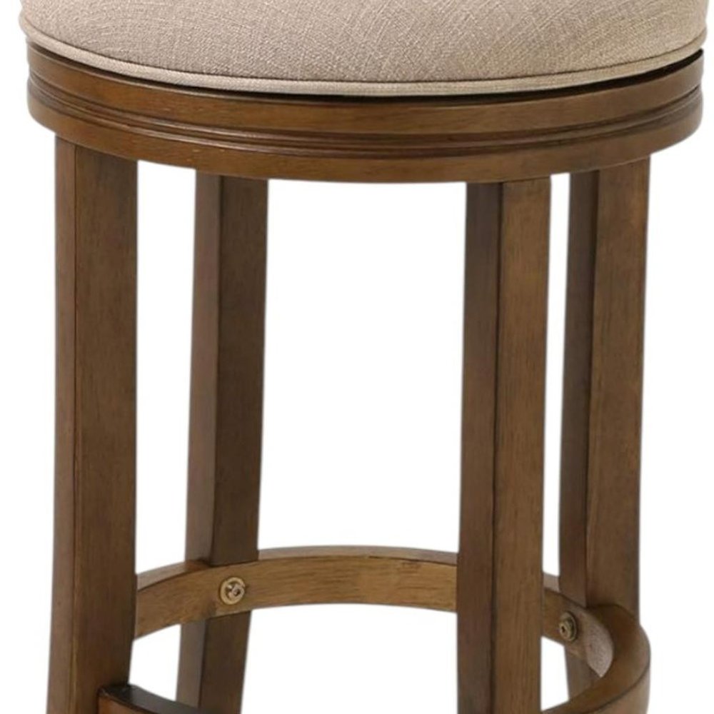 25" Cream and Brown Fabric and Solid Wood Backless Counter Height Swivel Bar Chair