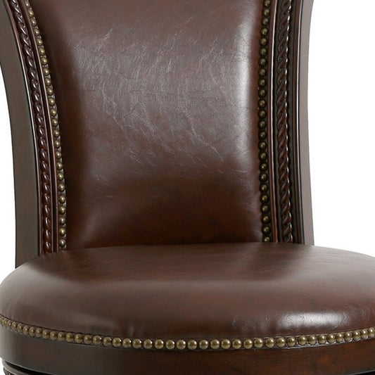 25" Dark Brown Faux Leather and Solid Wood Counter Height Swivel Bar Chair