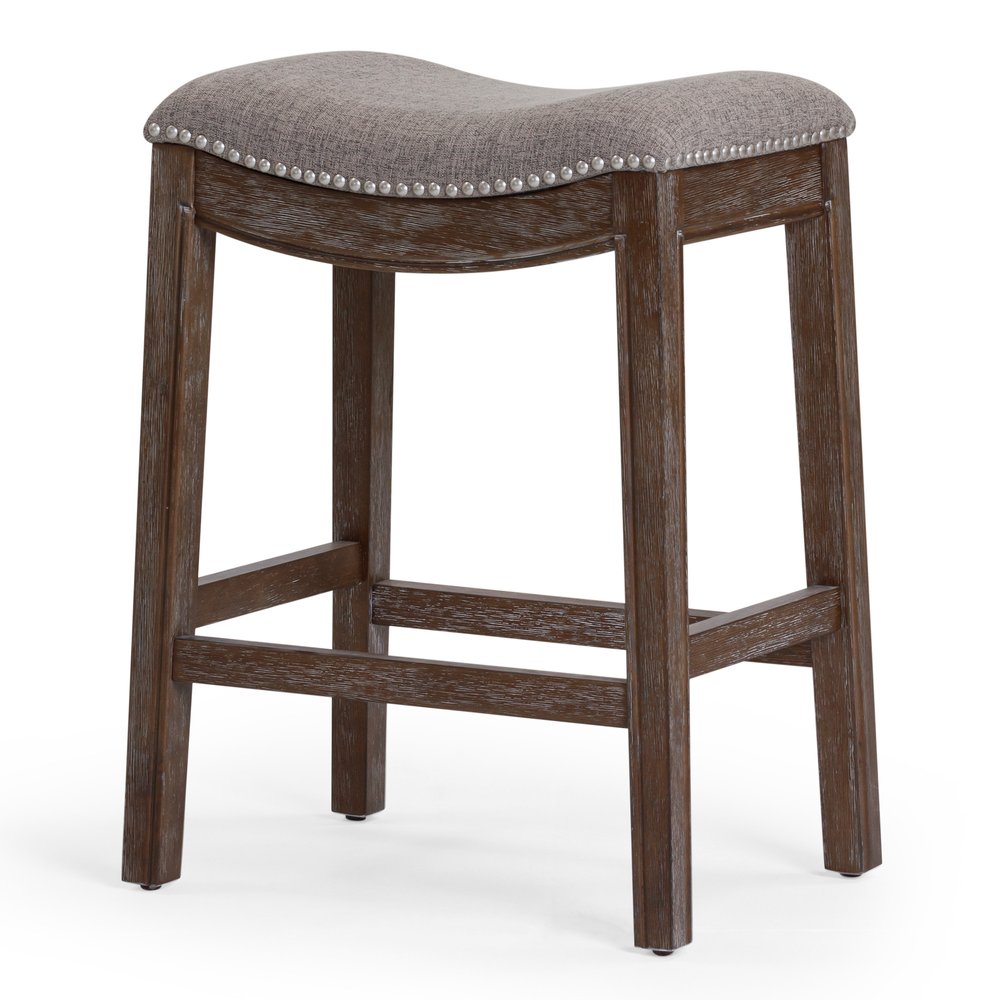 26" Gray and Brown Fabric and Solid Wood Backless Counter Height Bar Chair