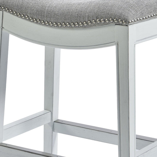 26" Gray and White Solid Wood and Linen Blend Backless Counter Height Bar Chair