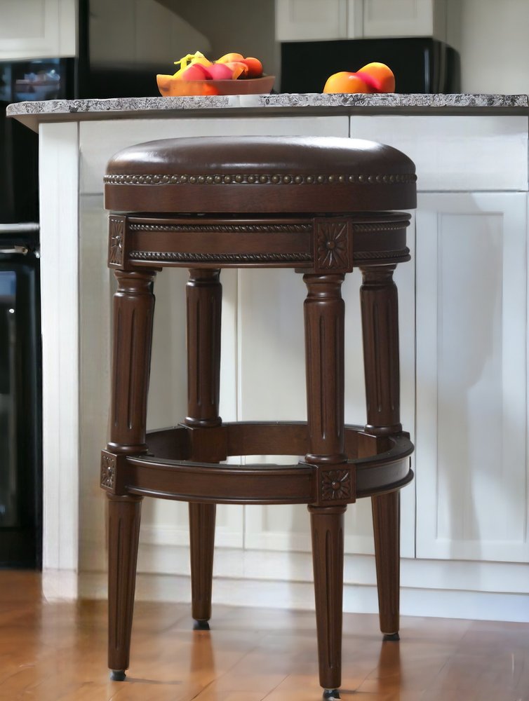 31" Brown Faux Leather and Solid Wood Backless Counter Height Swivel Bar Chair