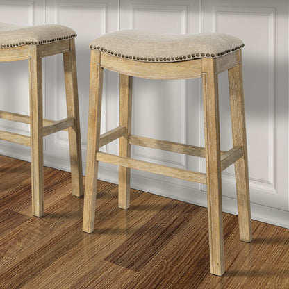 31" Linen and Natural Solid Wood Backless Bar Height Bar Chair