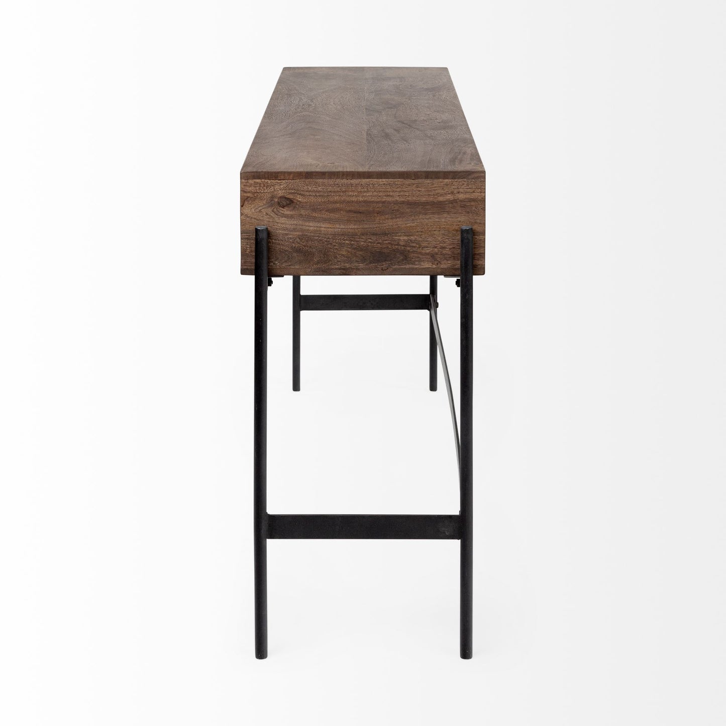 56" Brown and Black Solid Wood and Metal Distressed Console Table With Four Drawers