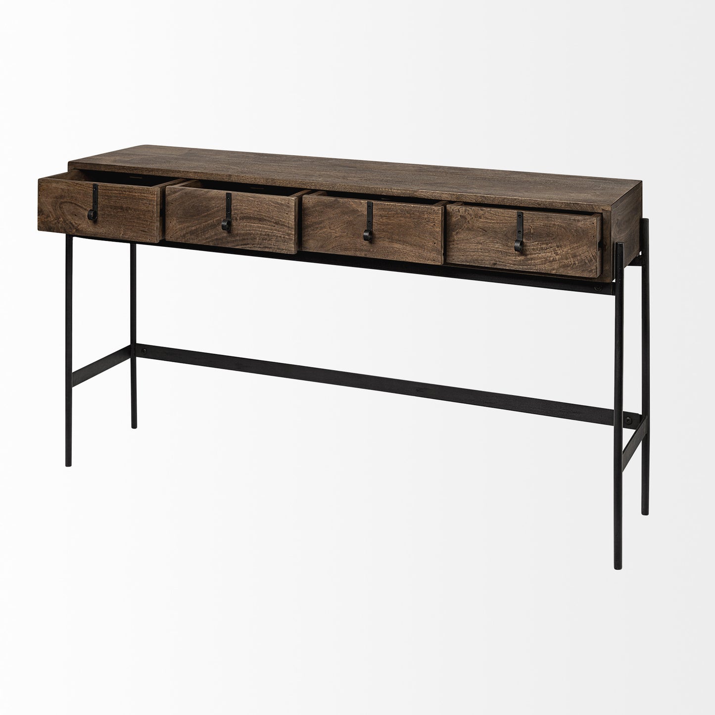 56" Brown and Black Solid Wood and Metal Console Table With Four Drawers