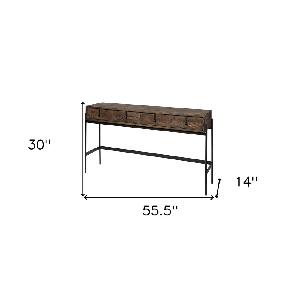 56" Brown and Black Solid Wood and Metal Console Table With Four Drawers