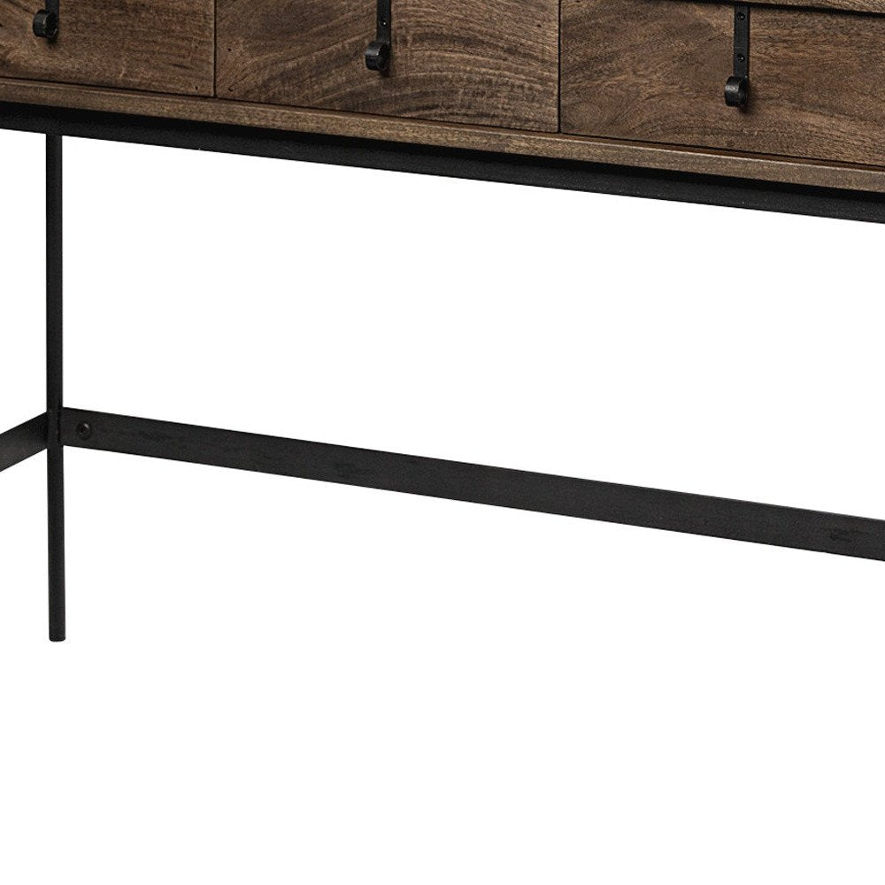 56" Brown and Black Solid Wood and Metal Console Table With Four Drawers