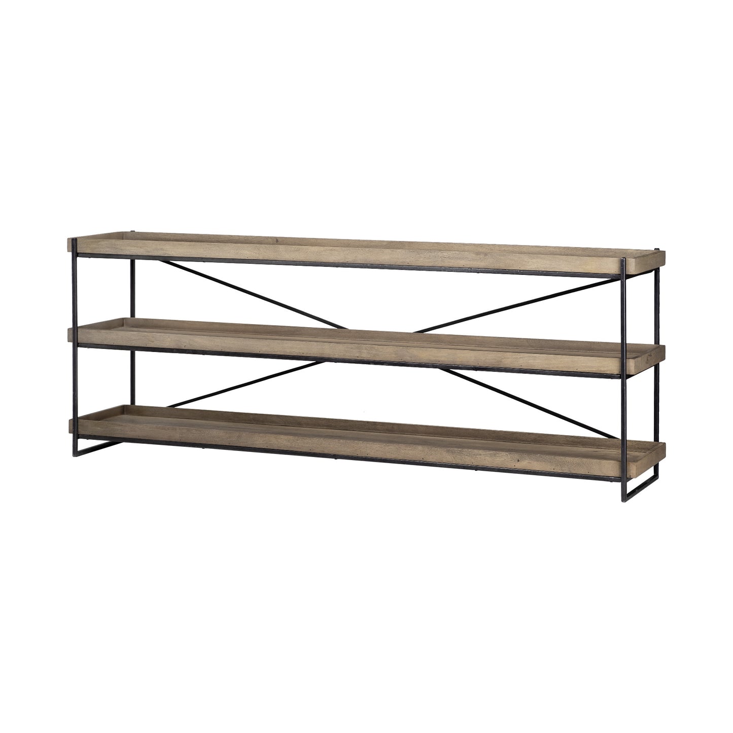 80" Light Brown and Black Solid Wood and Iron Console Table With Two Shelves