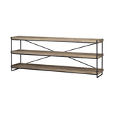 80" Light Brown and Black Solid Wood and Iron Console Table With Two Shelves