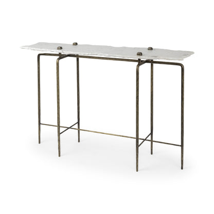 49" White and Brass Genuine Marble and Iron Distressed Six Leg Console Table
