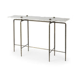 49" White and Brass Genuine Marble and Iron Distressed Six Leg Console Table