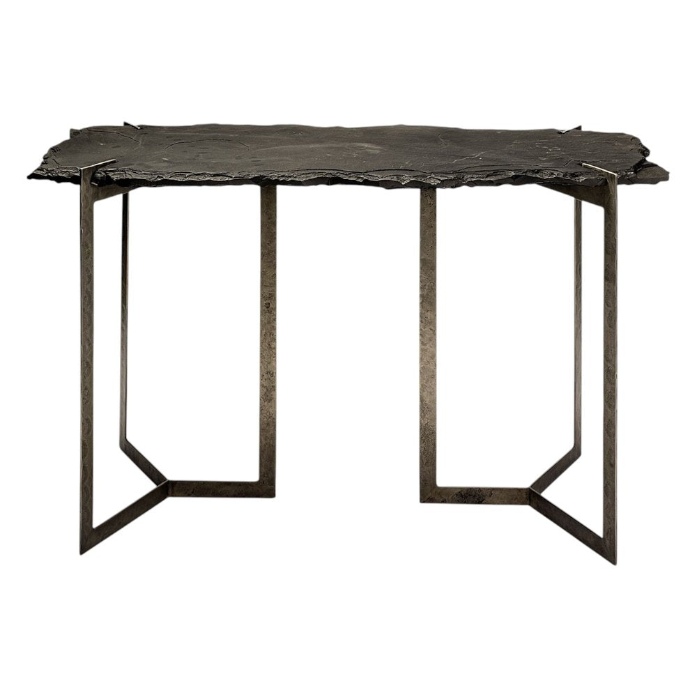 50" Black and Nickel Slate and Iron Distressed Double Pedestal Console Table