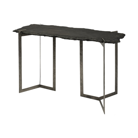 50" Black and Nickel Slate and Iron Distressed Double Pedestal Console Table