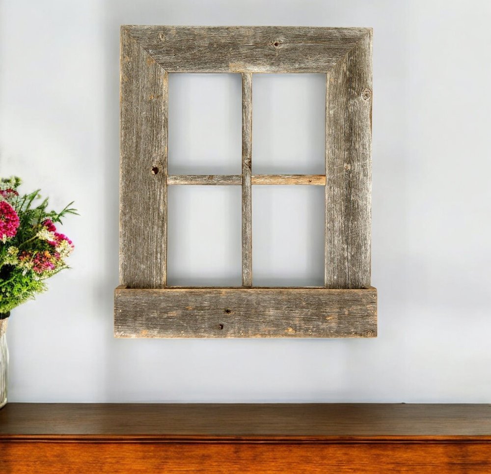 25" X 22" Gray Weathered Wood Window Frame With Planter