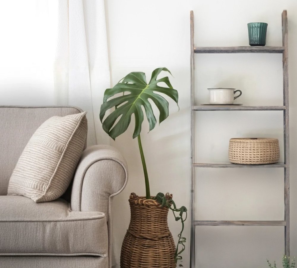 60" Gray Rustic Five Step Wood Ladder Shelf