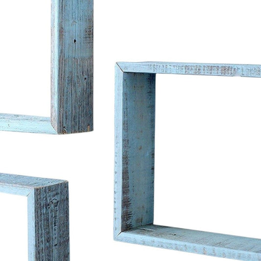 Set Of 3 Square Robins Egg Blue Reclaimed Wood Open Box Shelve