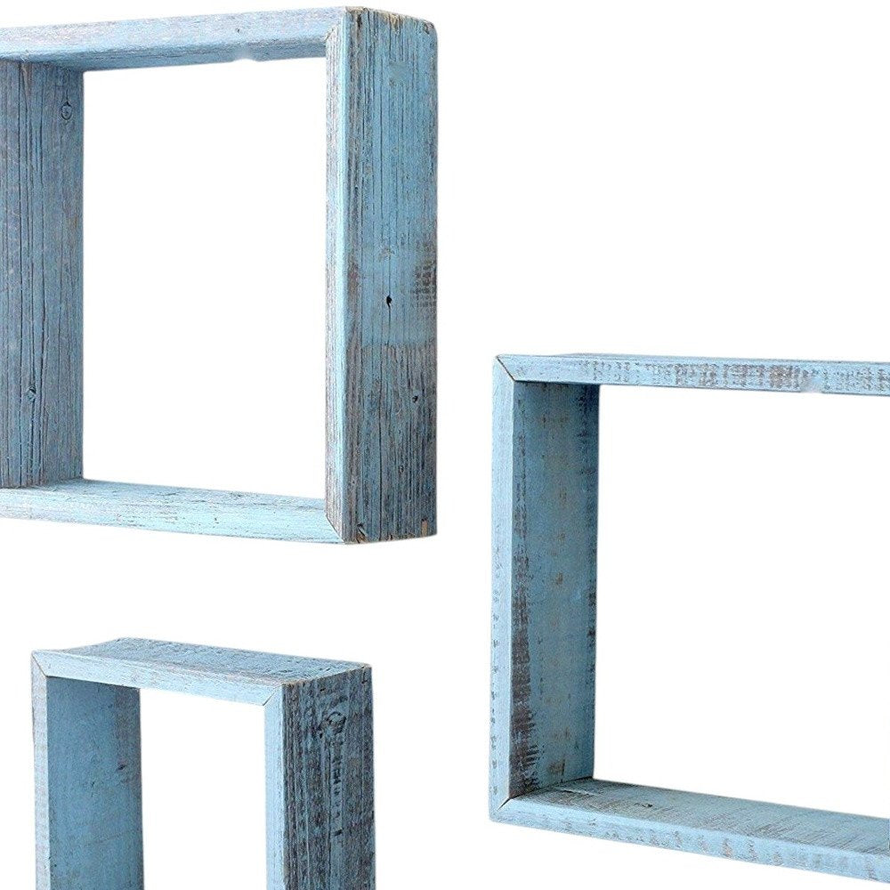 Set Of 3 Square Robins Egg Blue Reclaimed Wood Open Box Shelve