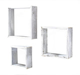 Set Of 3 Square Rustic White Wash Wood Open Box Shelve