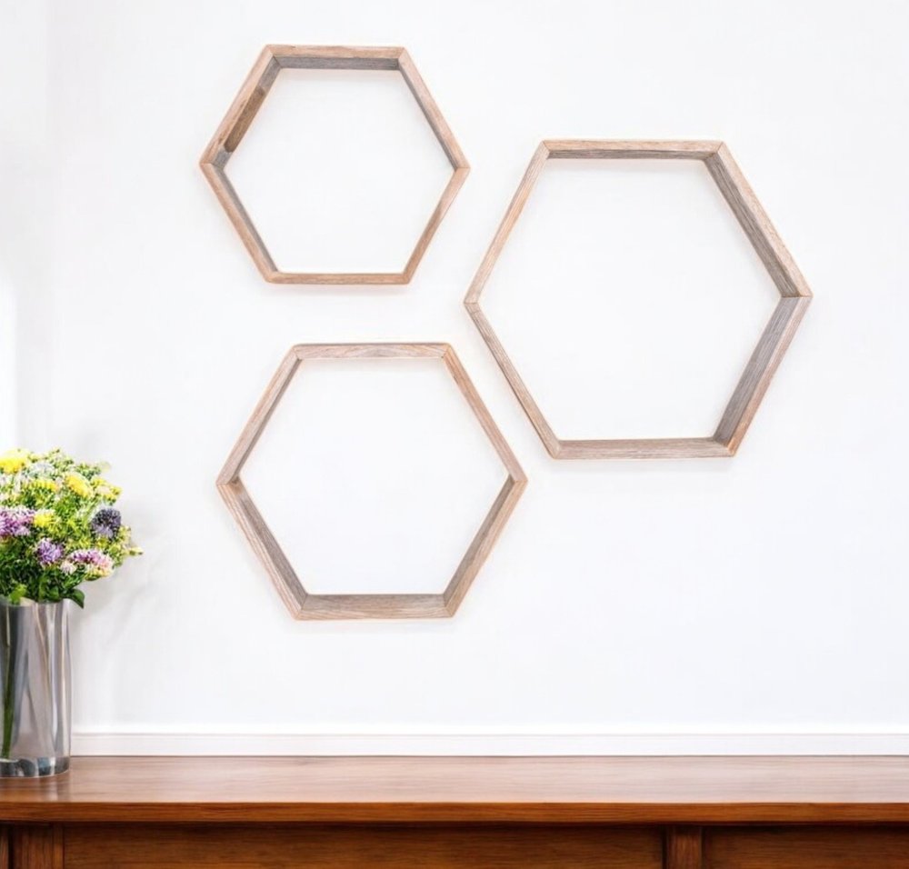 Set of Three Gray Wood Hexagon Wood Open Box Shelves