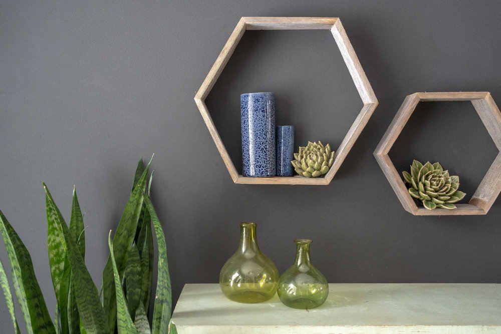 Set of Three Gray Wood Hexagon Wood Open Box Shelves