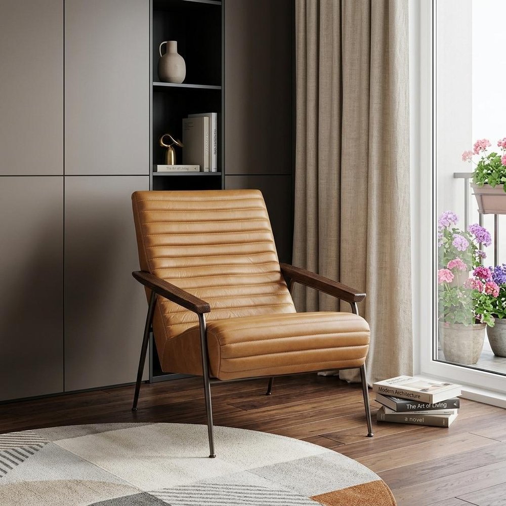 37" Tan and Black Faux Leather Tufted Lounge Chair