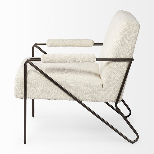 31" Off White and Brown Fabric Arm Chair