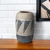 15" Brown And Gray Geometric Cylinder Ceramic Table Vase