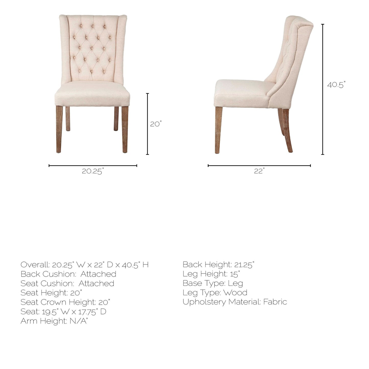 Tufted Cream and Brown Upholstered Linen Wing Back Dining Side Chair