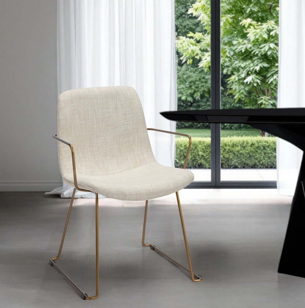 Cream and Gold Upholstered Fabric Dining Arm Chair