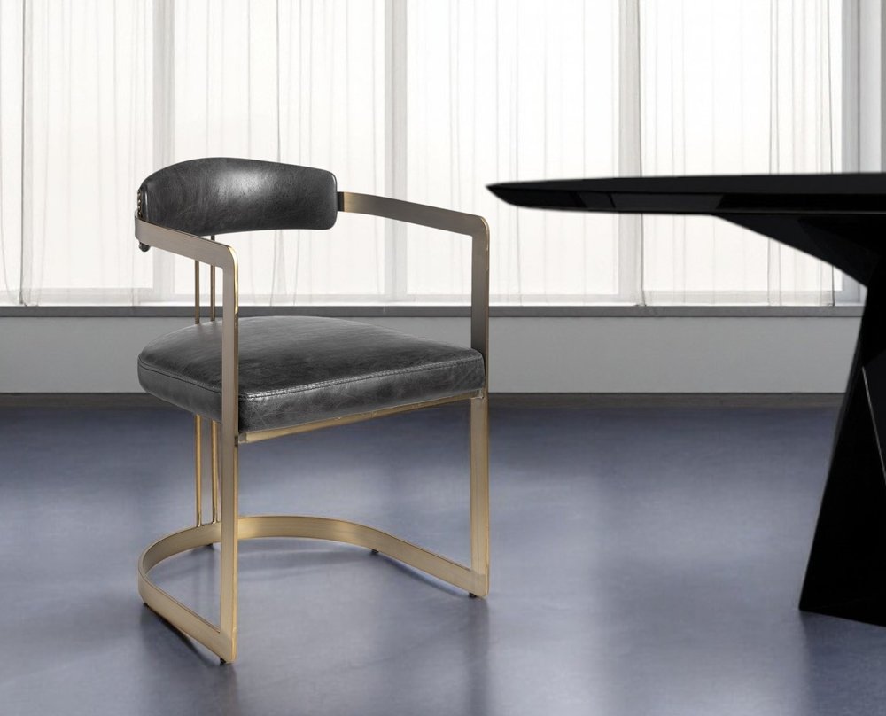 Black and Gold Upholstered Leather Open Back Dining Arm Chair