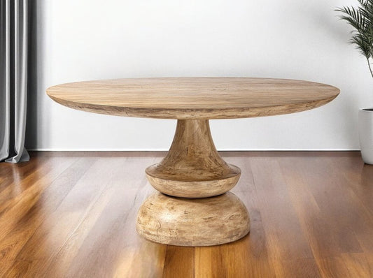 60" Natural Rounded Solid Wood Pedestal Base Dining Table