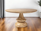 60" Natural Rounded Solid Wood Pedestal Base Dining Table
