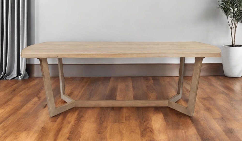 92" Natural And Brown Solid Wood Trestle Base Dining Table