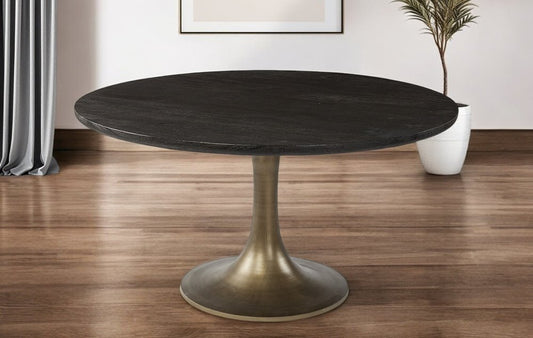 54" Black And Brass Rounded Solid Wood And Metal Pedestal Base Dining Table