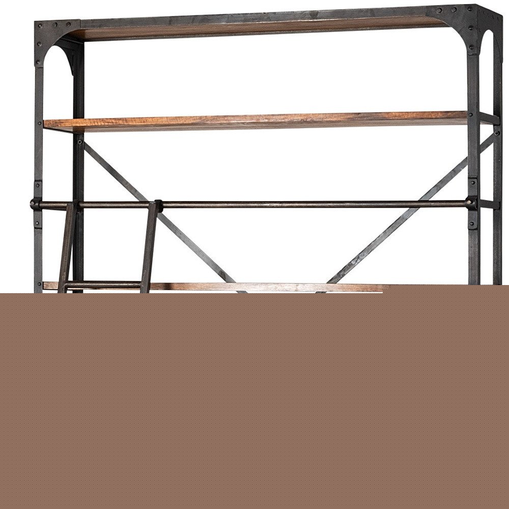 94" Black And Brown Distressed Copper and Wood Four Tier Library Bookcase with Four Drawers