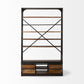 94" Black And Brown Distressed Copper and Wood Four Tier Library Bookcase with Four Drawers