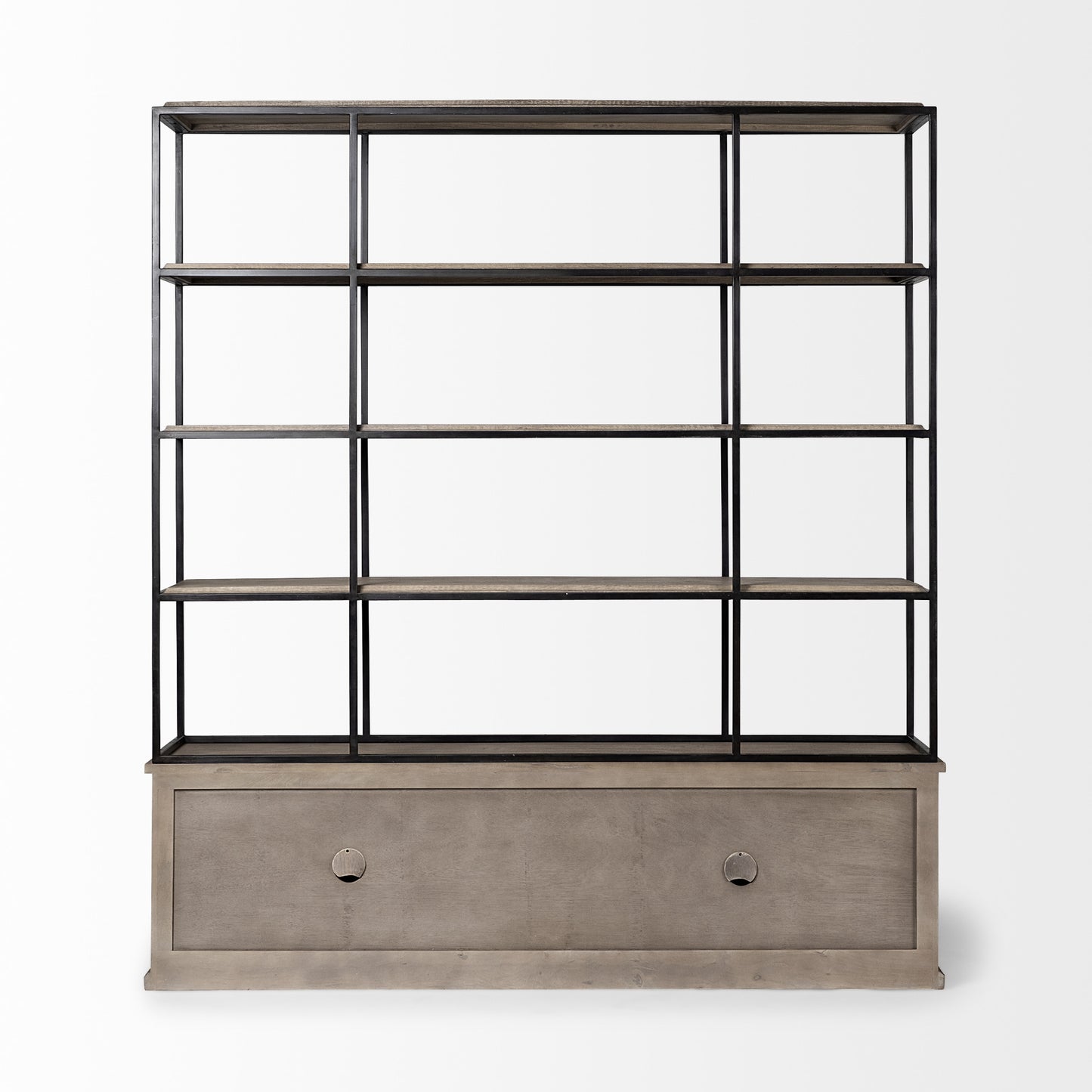 90" Brown Iron and Wood Three Tier Bookcase