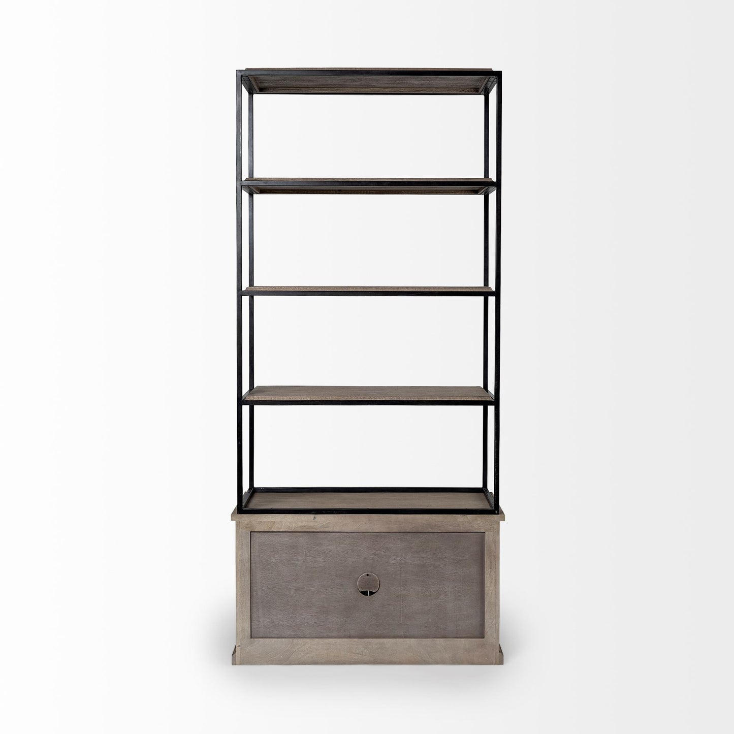 90" Brown Iron and Wood Three Tier Bookcase